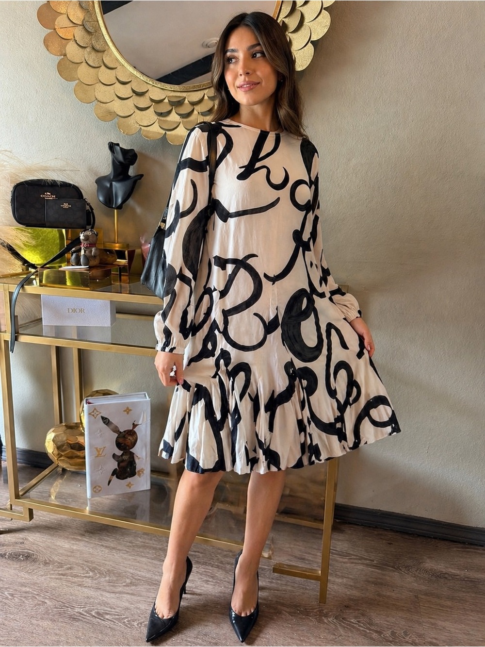 RHODE Black & Cream Abstract Long-Sleeve Dress